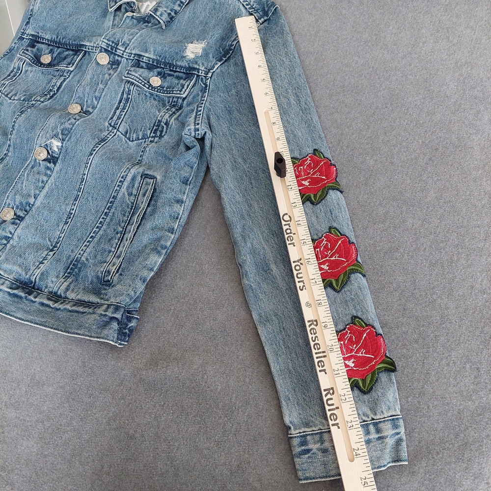 PacSun Los Angeles Distressed Denim Jacket with Rose Embroidery - Size S - Picture 5 of 9